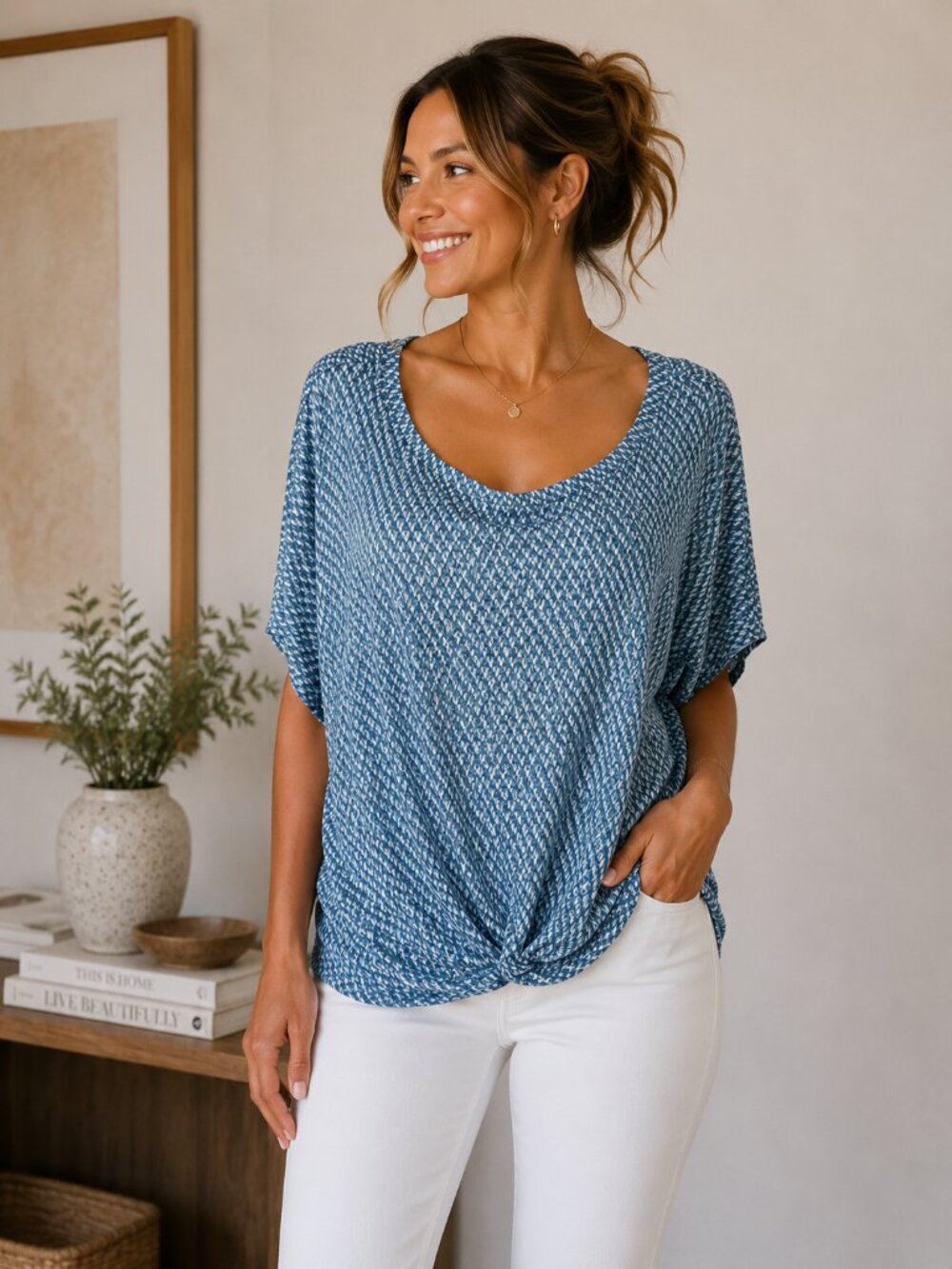 NWT Liverpool Los Angeles 2X Blue Print Draped Dolman Top Plus Size Blouse